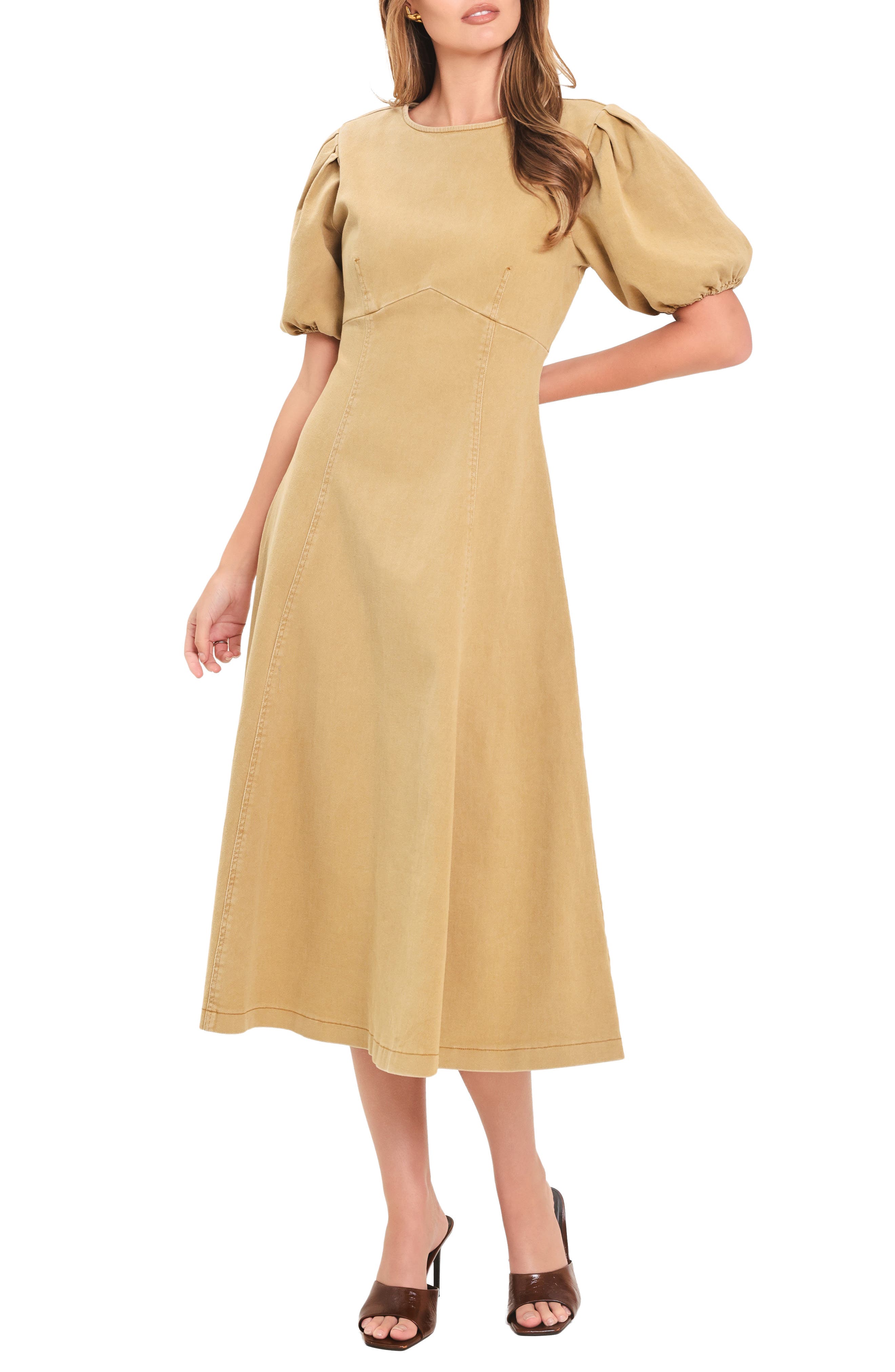 Puff Sleeve Cotton Twill Midi Dress