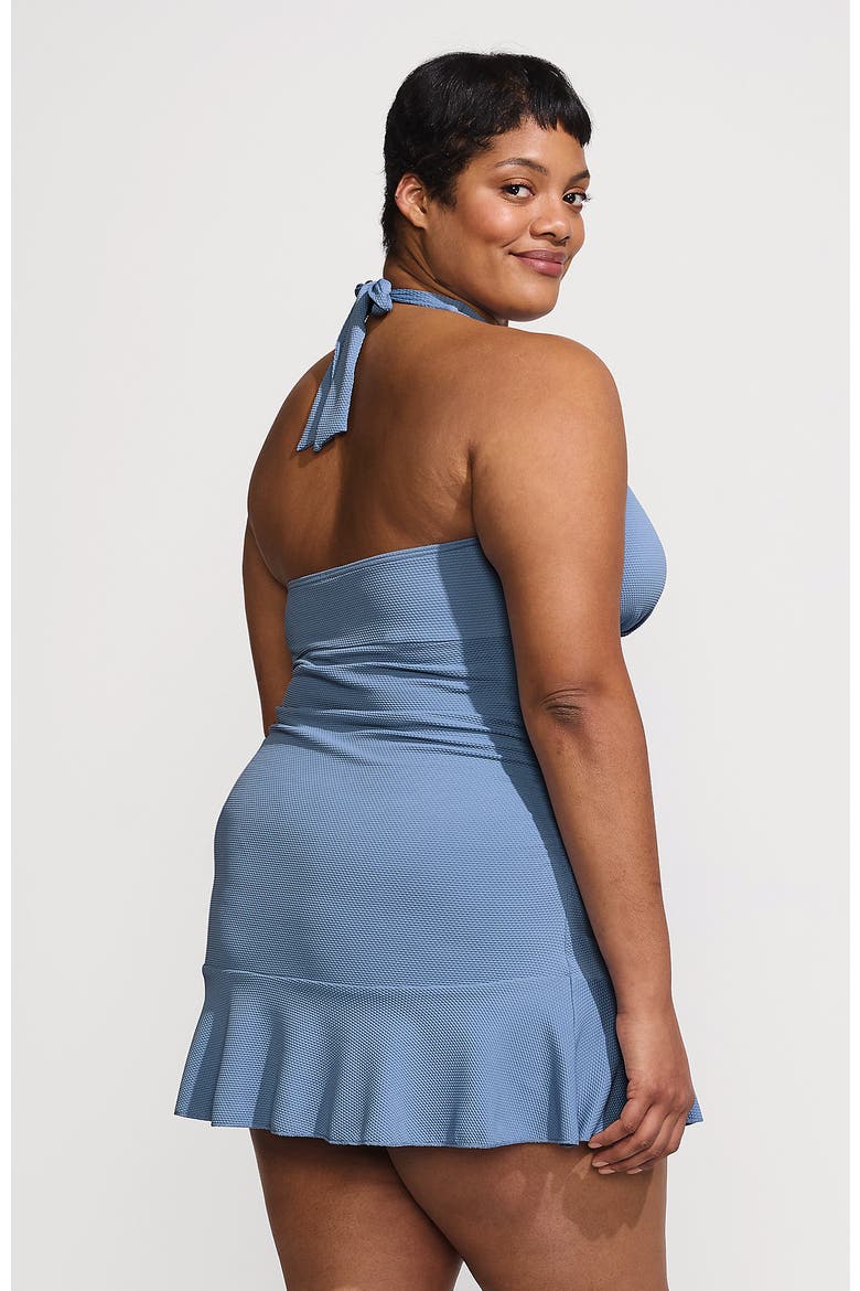 Plus Size Pique Halter Ruffle Hem Mini Swim Dress Swimsuit, Alternate, color, Dusk Sky