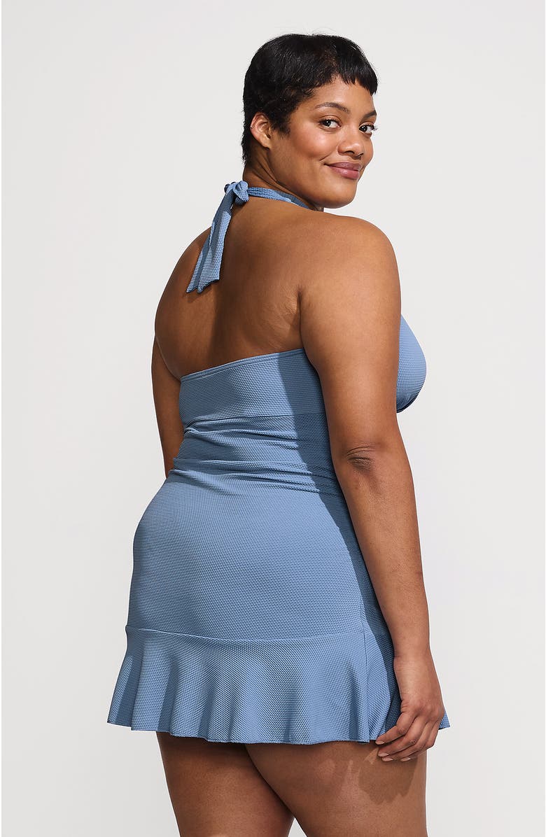Lands' End Plus Size Pique Halter Ruffle Hem Mini Swim Dress Swimsuit, Alternate, color, Dusk Sky