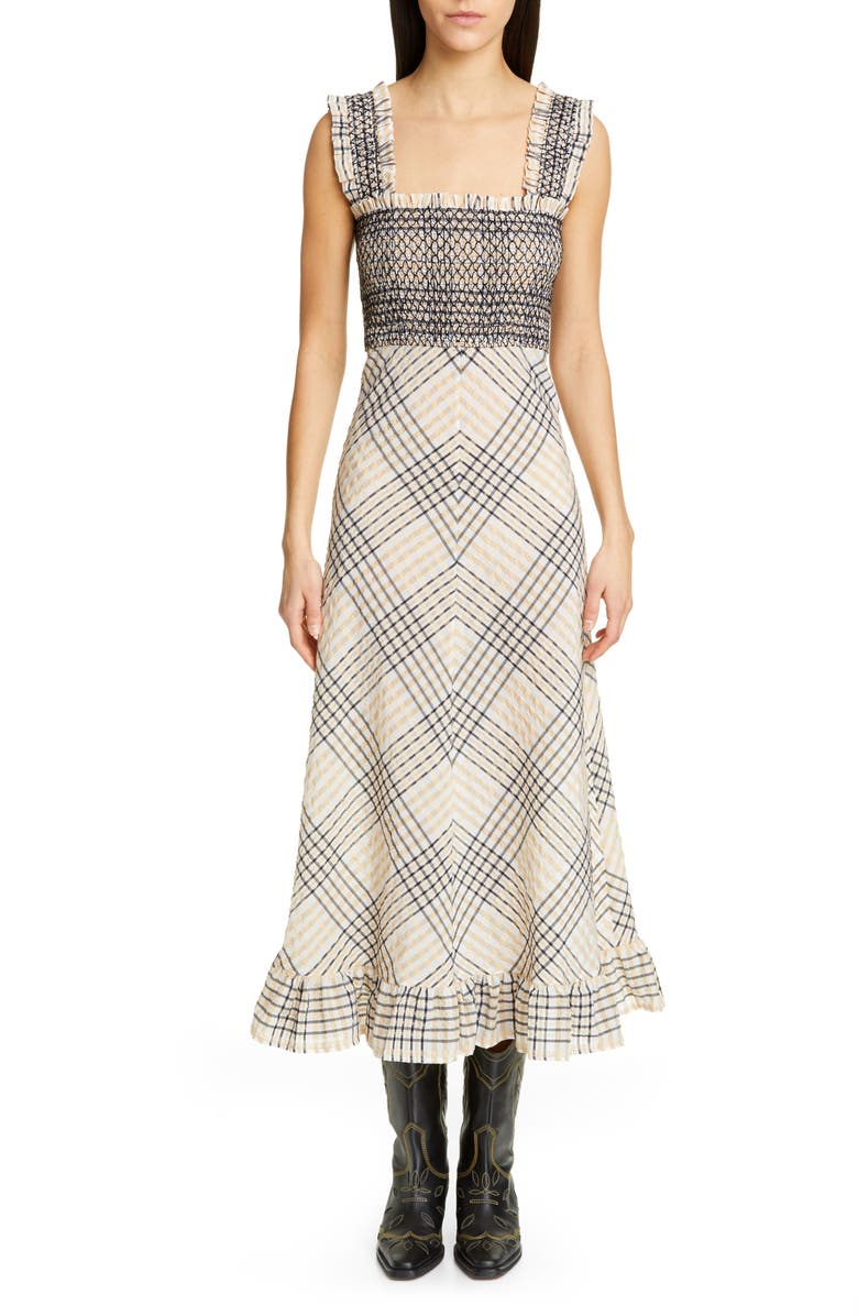Ganni Check Seersucker A-Line Midi Sundress, Main, color, 