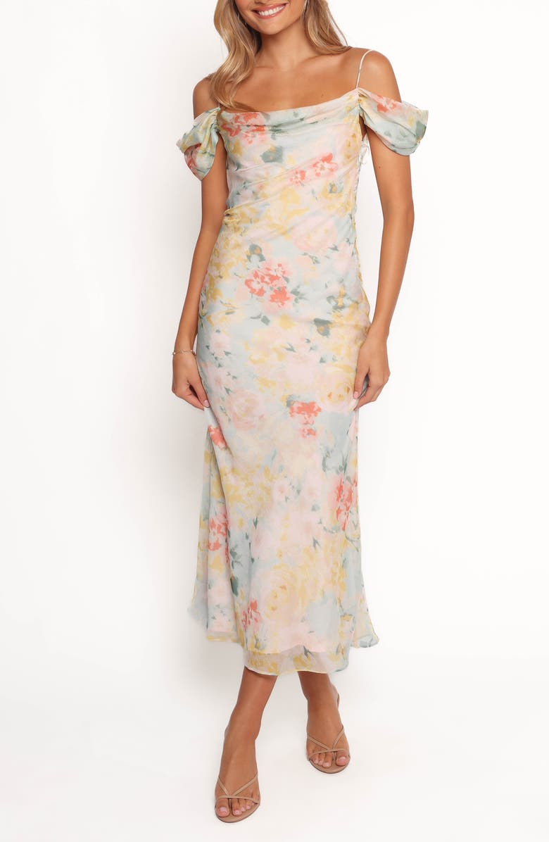 Petal & Pup Esther Floral Cold Shoulder Midi Dress, Main, color, Yellow Multi