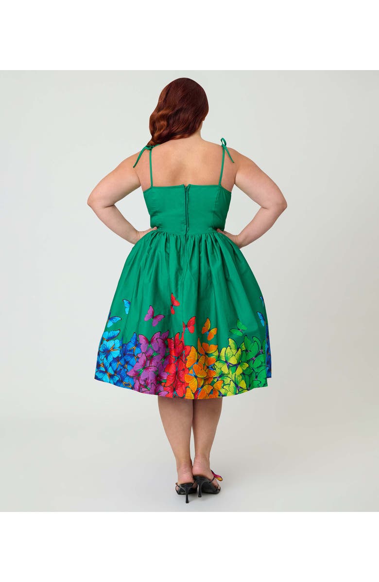 Unique Vintage Plus Size 1950s Bobbie Swing Dress, Alternate, color, Green W/ Rainbow Butterflies