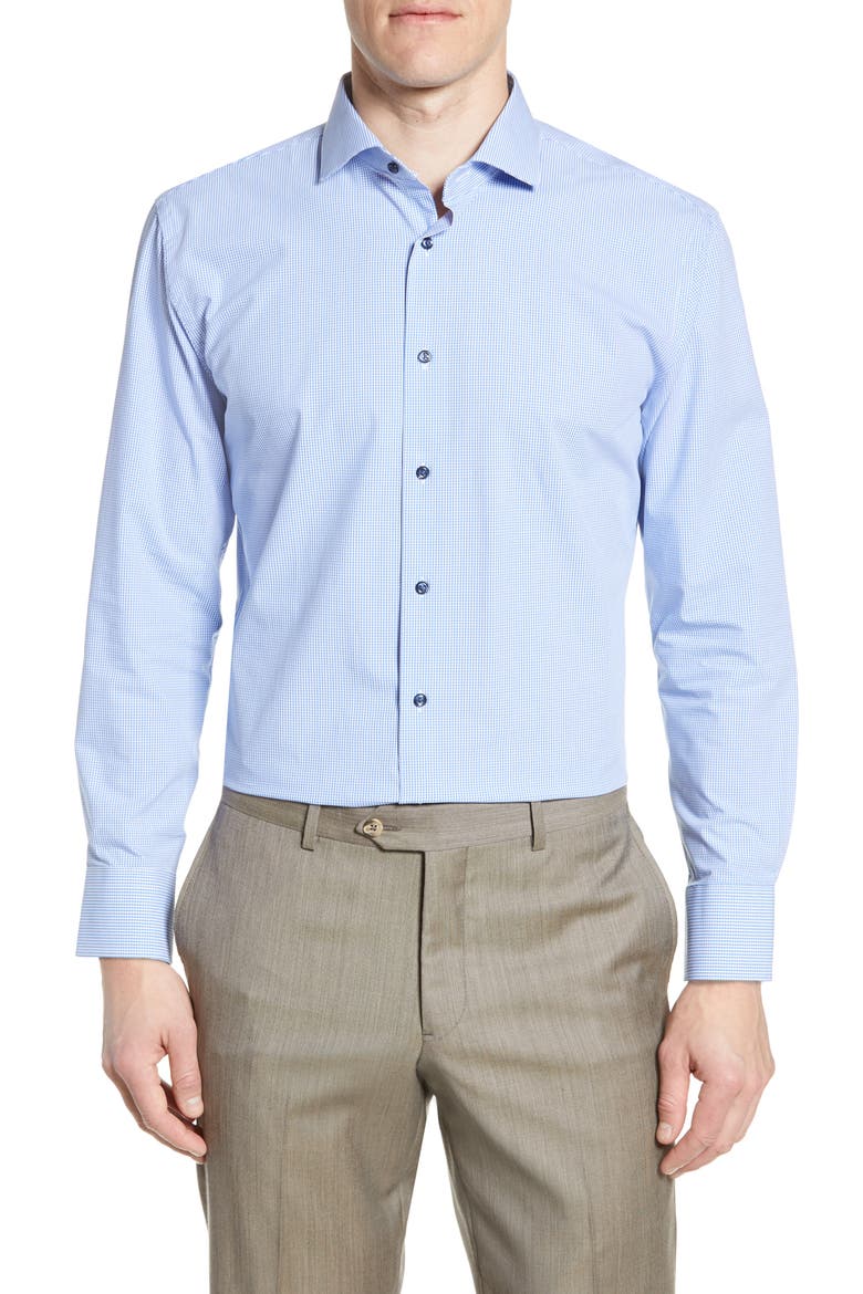 Tech-Smart Trim Fit Stretch Check Dress Shirt, Main, color, BLUE AZURITE