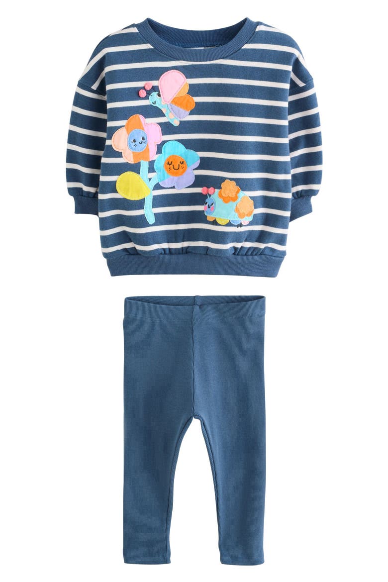 Kids' Stripe Floral Appliqué Graphic Sweatshirt & Rib Leggings Set, Main, color, BLUE