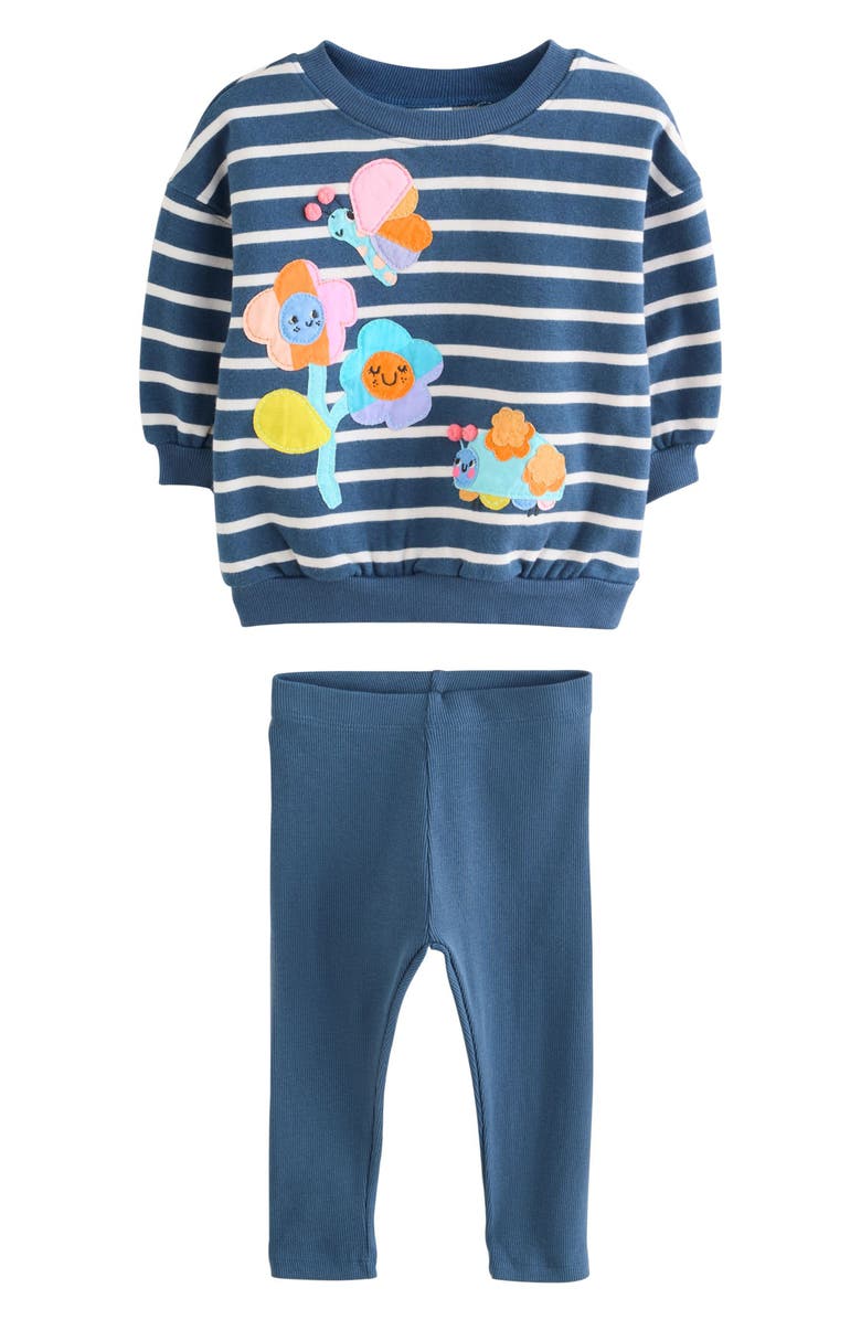 NEXT Kids' Stripe Floral Appliqué Graphic Sweatshirt & Rib Leggings Set, Main, color, Blue