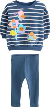 NEXT Kids' Stripe Floral Appliqué Graphic Sweatshirt & Rib Leggings Set