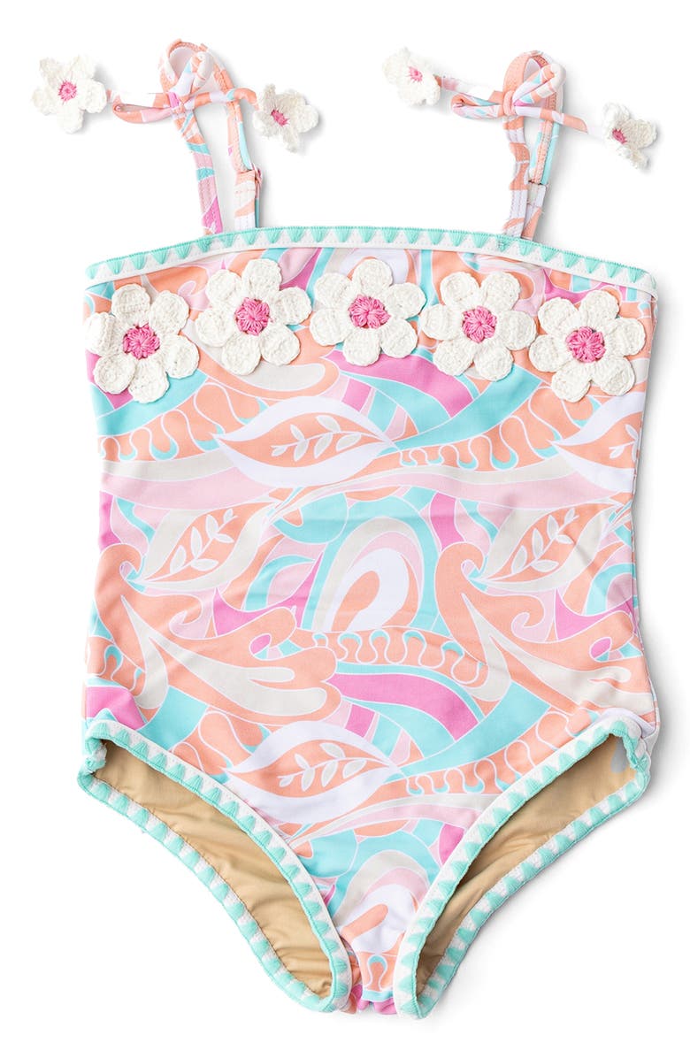Shade Critters Kids' Tutti Fruity Crochet Daisy Two-Piece UPF 50+ Swimsuit, Main, color, Blue Multi