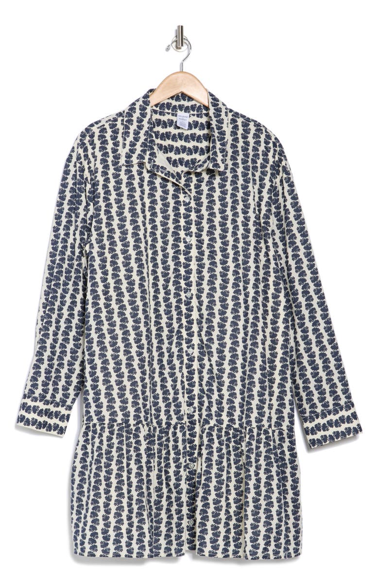 Melrose and Market Long Sleeve Ruffle Hem Shirtdress, Alternate, color, Ivory- Navy Azorical Leaf