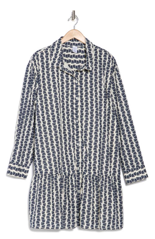 Shop Melrose And Market Long Sleeve Ruffle Hem Shirtdress In Ivory- Navy Azorical Leaf