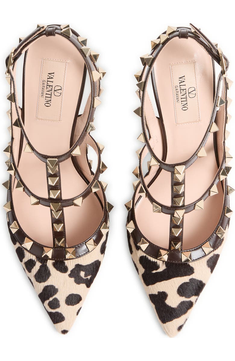 Valentino Garavani Rockstud Genuine Calf Hair T-Strap Pump, Alternate, color, Natural Print Calf Hair/ Brown