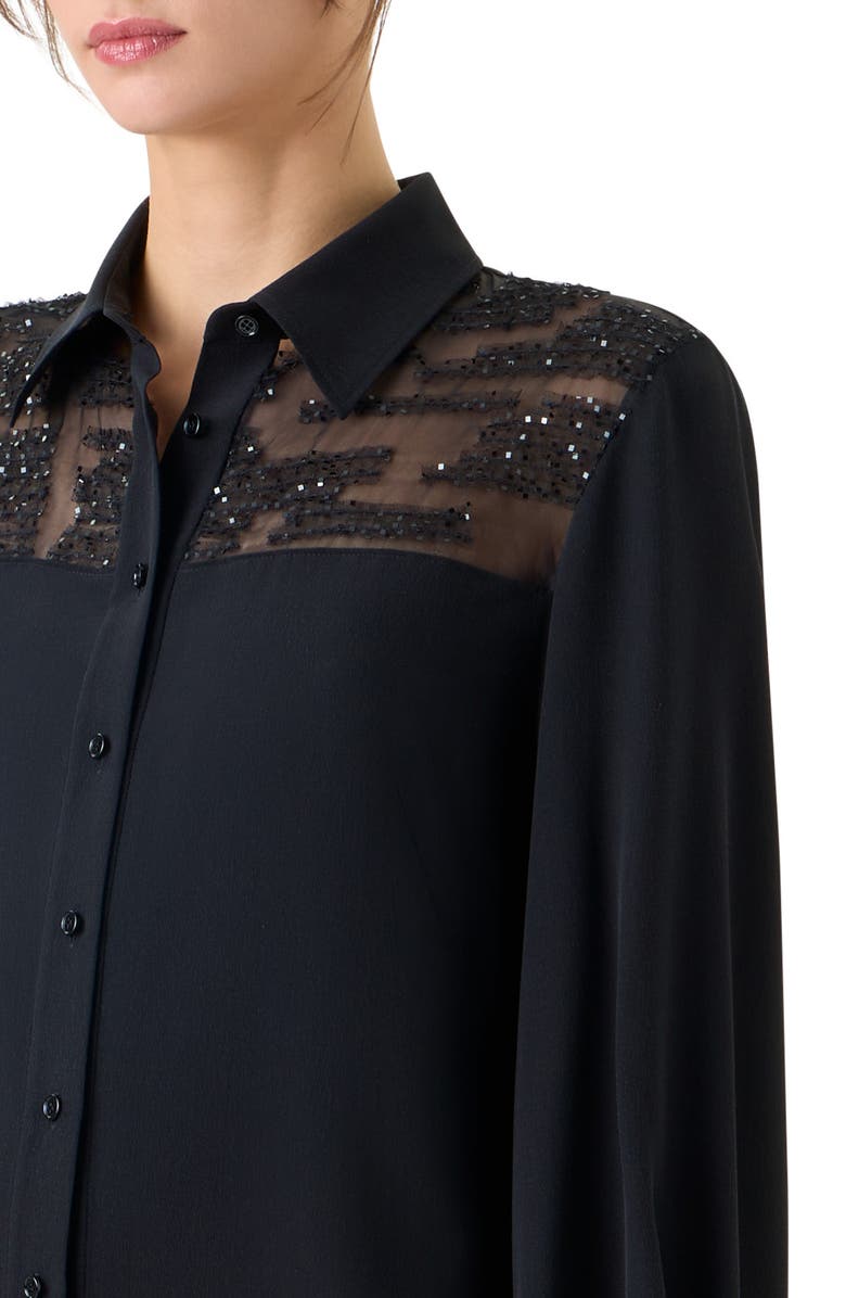 Akris Sequin Yoke Silk Crepe Button-Up Shirt, Alternate, color, Black