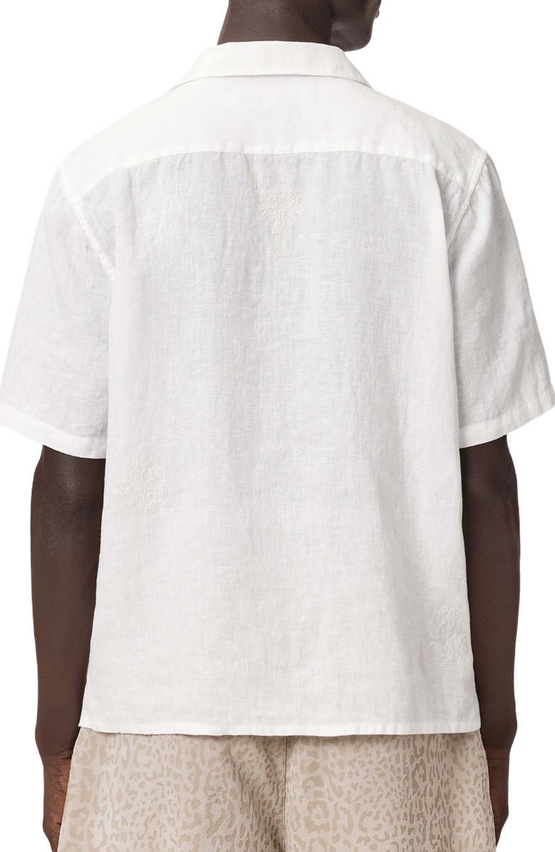 AllSaints Sepal Embroidered Linen Camp Shirt, Alternate, color, White