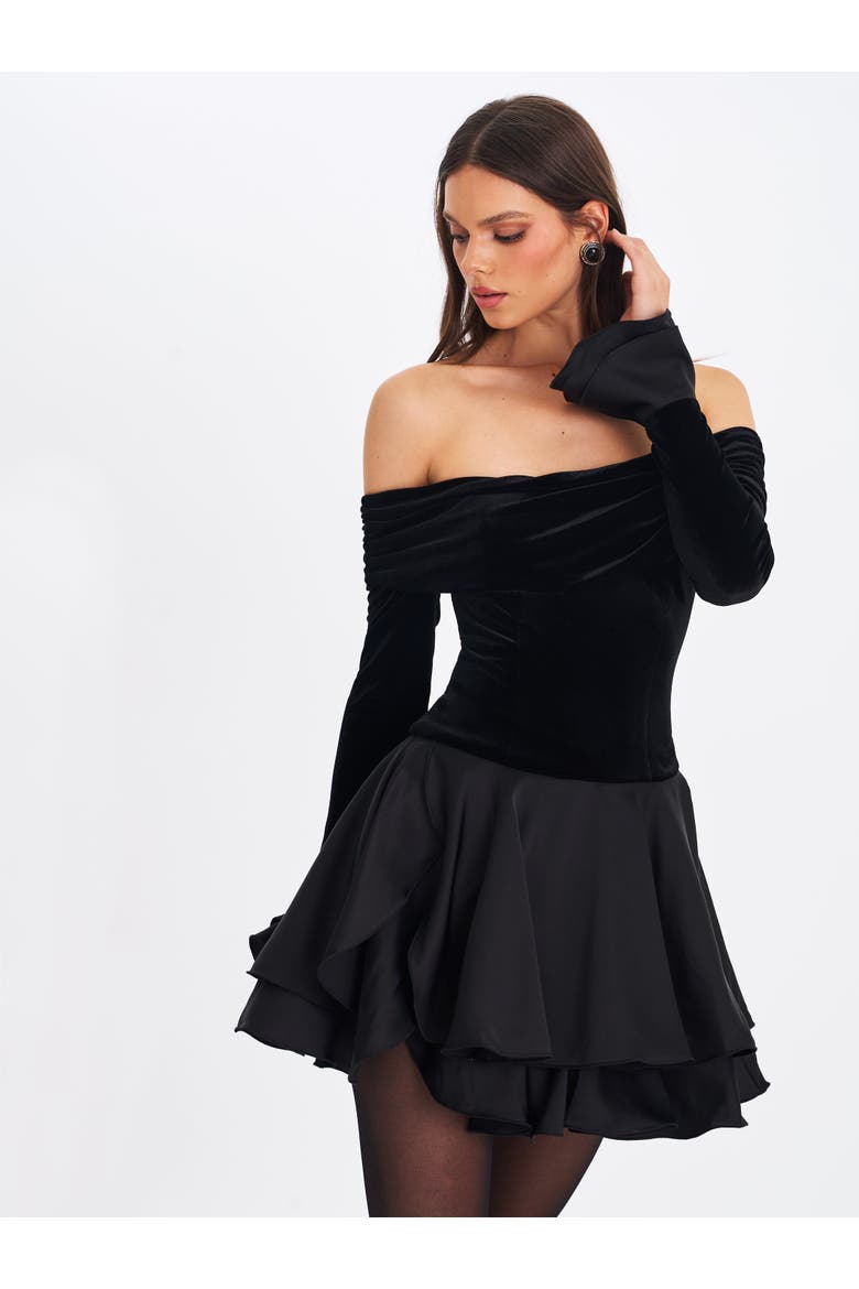 Magnolia Off-Shoulder Layered Satin Mini Dress, Alternate, color, Black