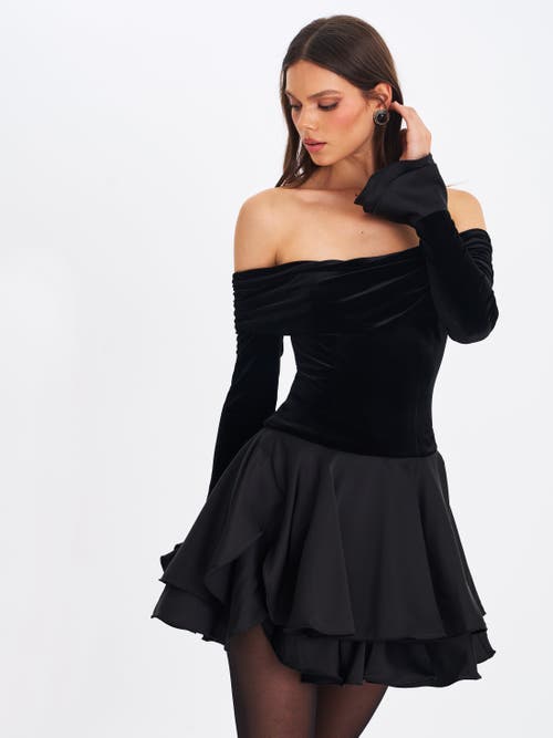 Miss Circle Magnolia Off-shoulder Layered Satin Mini Dress In Black