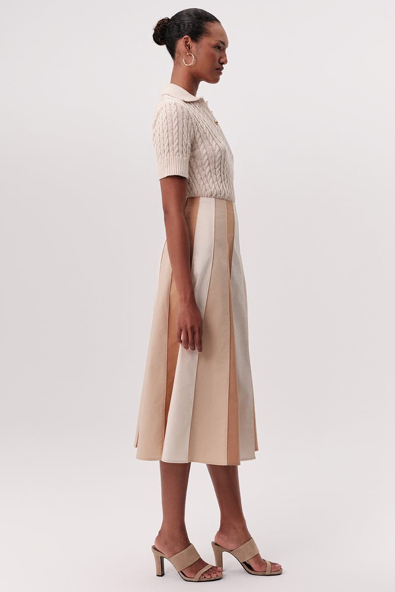 Nikki High Waisted Paneled Flared Midi Skirt, Alternate, color, Beige