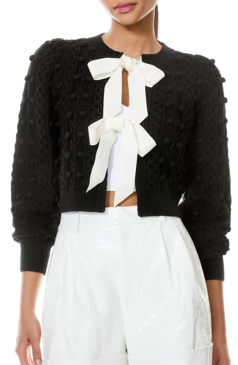 Alice + Olivia Kitty Bow Front Bobble Crop Cardigan, Main, color, 