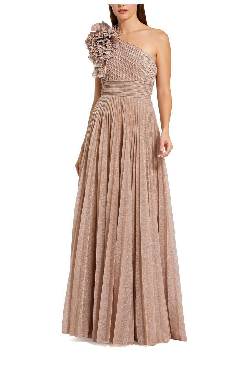 Mac Duggal Petite Pleated Metallic One Shoulder Gown With Ruffle, Main, color, Champagne