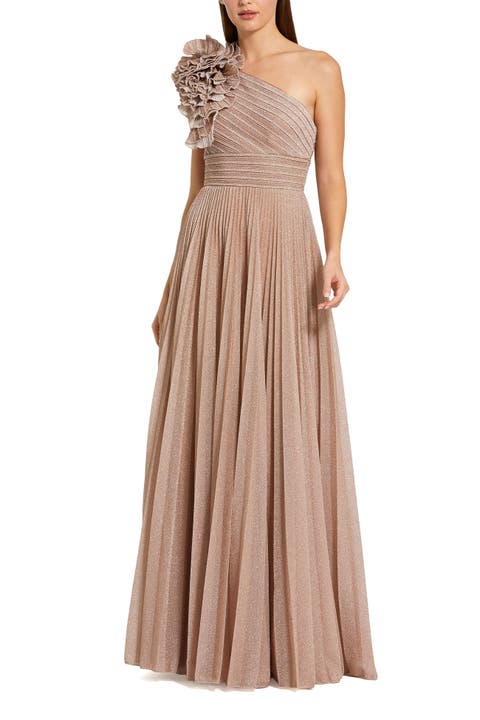 Petite Pleated Metallic One Shoulder Gown With Ruffle