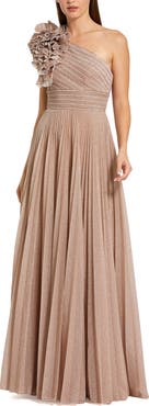 Mac Duggal Petite Pleated Metallic One Shoulder Gown With Ruffle