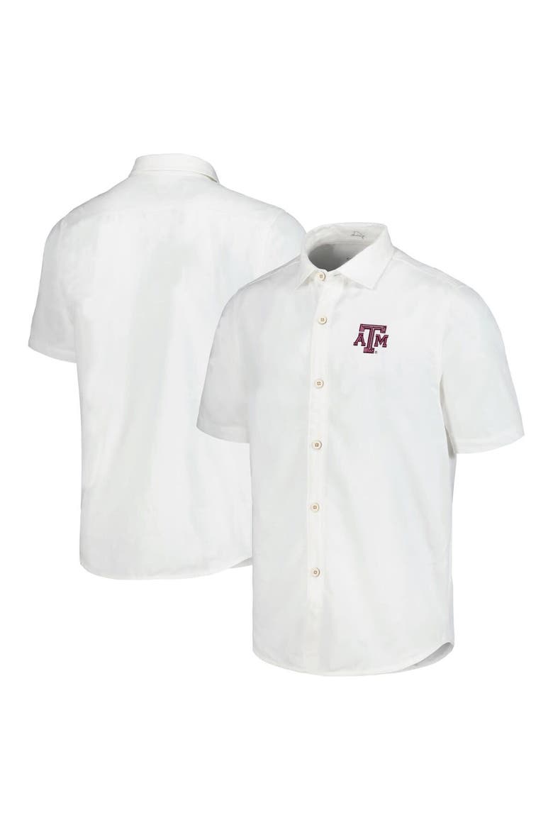 Men's Tommy Bahama White Texas A&M Aggies Coconut Point Palm Vista IslandZone Camp Button-Up Shirt, Main, color, White