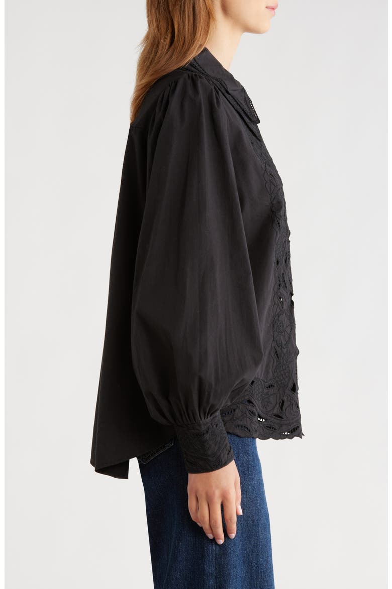 Embroidered Eyelet Puff Sleeve Button-Up Shirt, Alternate, color, BLACK