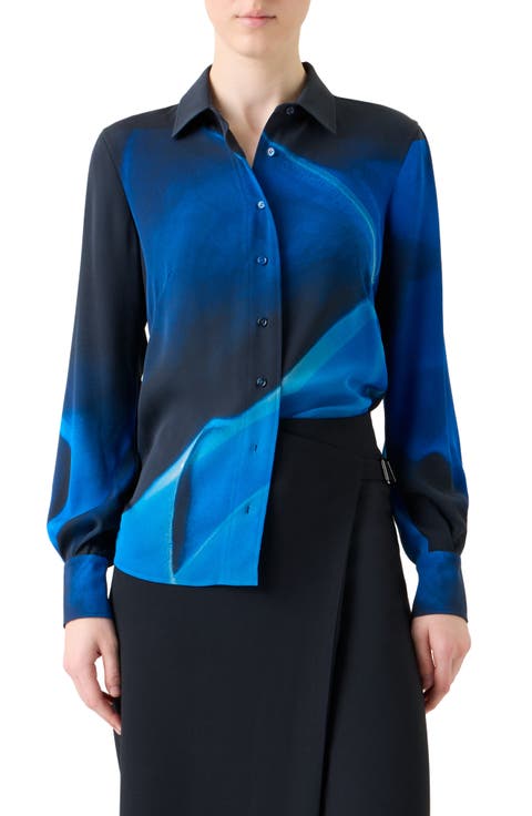 Cyanotype Print Silk Crepe Button-Up Shirt