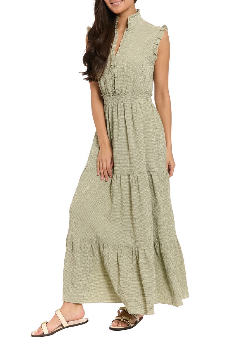 Ruffle Sleeveless Tiered Maxi Dress, Alternate, color, OLIVE GREEN/ IVORY