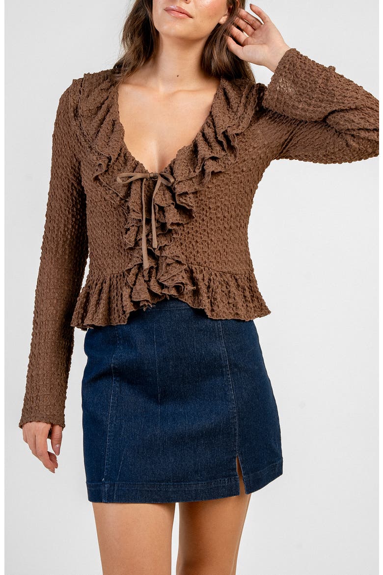 Stretch Lace Ruffle Top, Alternate, color, BROWN