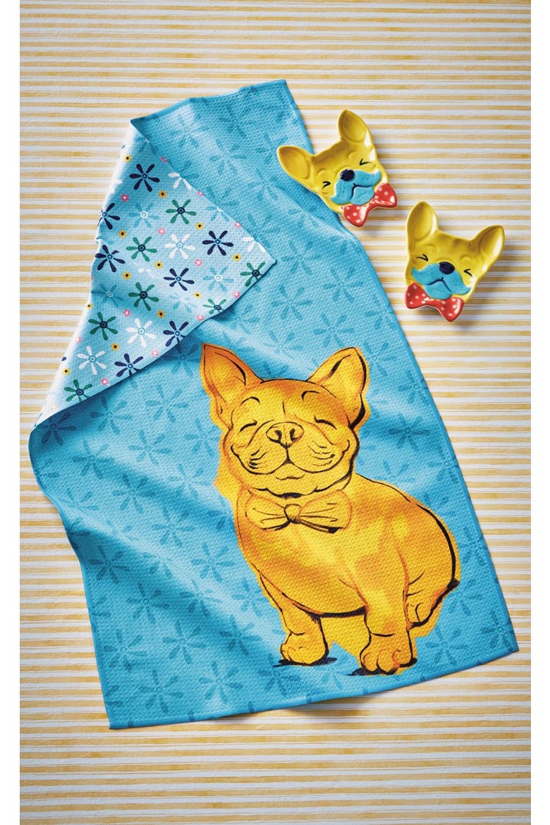 Super Absorbent Kitchen Towel Eclectic Frenchie Blue Multi Dishtowel 18 x 30 in, Alternate, color, Blue