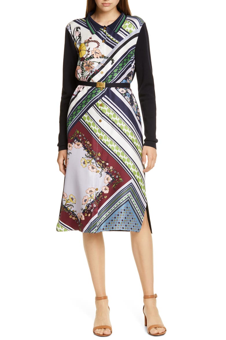 Silk Front Long Sleeve Shirtdress, Main, color, NAVY/ HOMAGE TO THE FLOWER