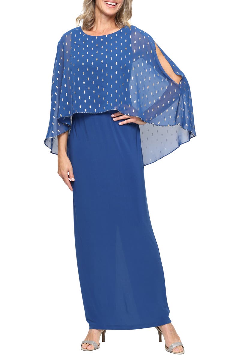 SL FASHIONS Metallic Foil Chiffon & Matte Jersey Gown, Main, color, Dark Blue