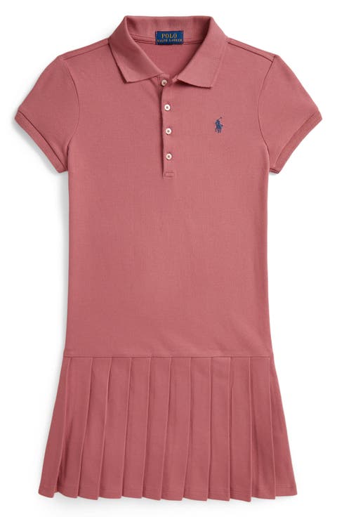 Kids' Stretch Cotton Mesh Pleated Polo Dress