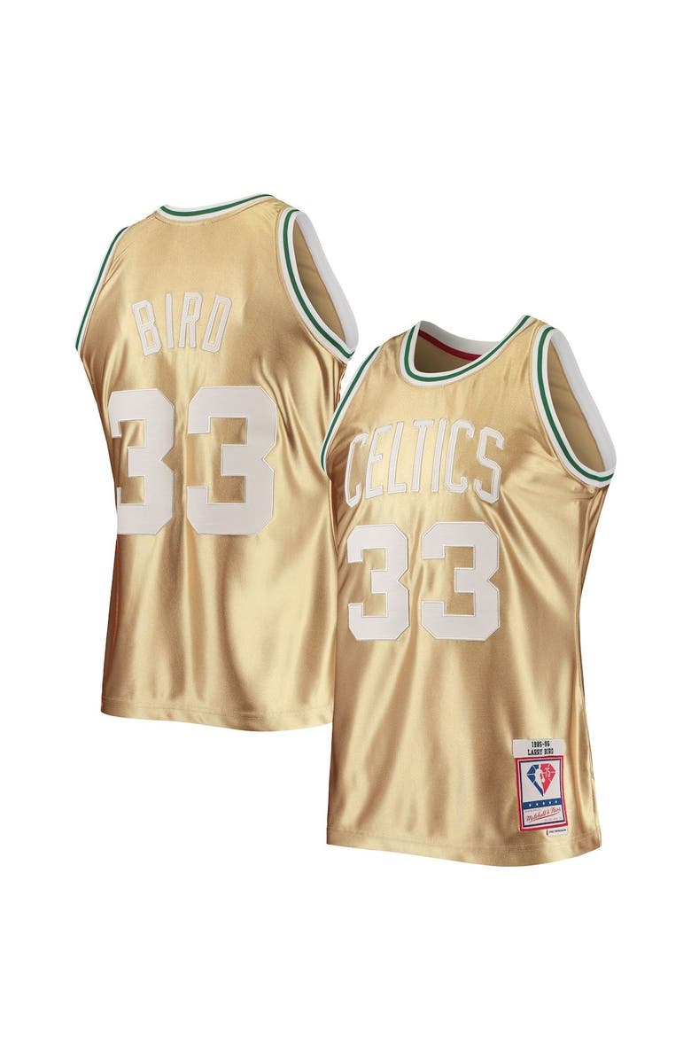 Mitchell & Ness Men's Mitchell & Ness Larry Bird Gold Boston Celtics 75th Anniversary 1985/86 Hardwood Classics Swingman Jersey, Alternate, color, 