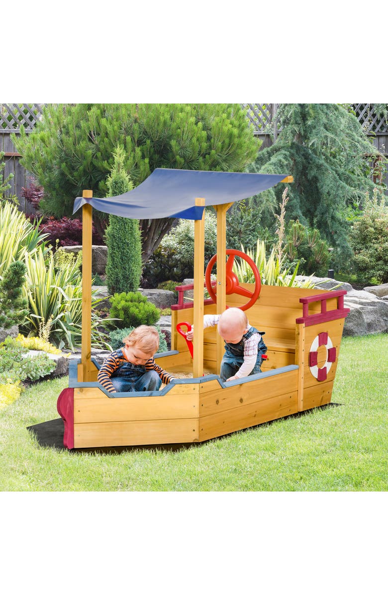 Outsunny Wooden Pirate Sandbox for Kids with Canopy & Storage Bench, Alternate, color,