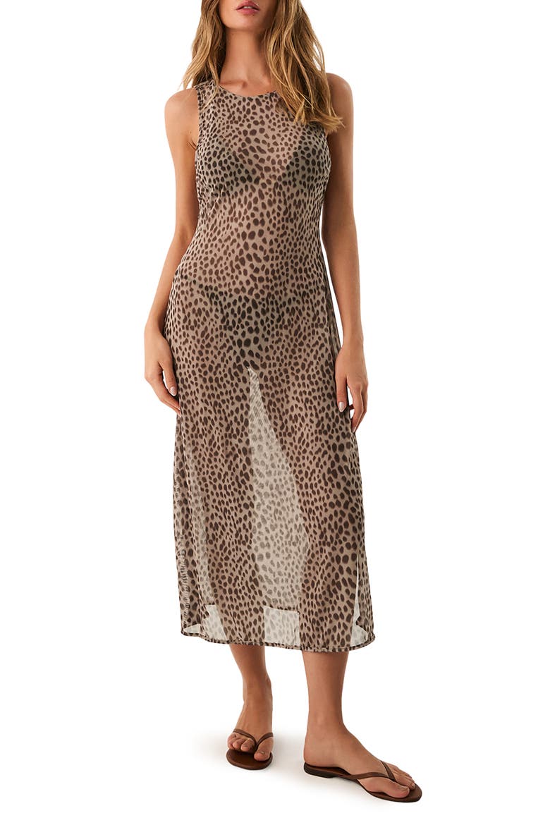 Twist Leopard Print Mesh Cover-Up Dress, Main, color, MULTI