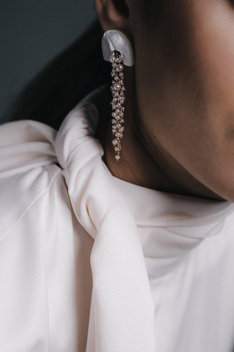 Hakuro Mother of Pearl and Pearl Long Drops, Alternate, color, Ivory