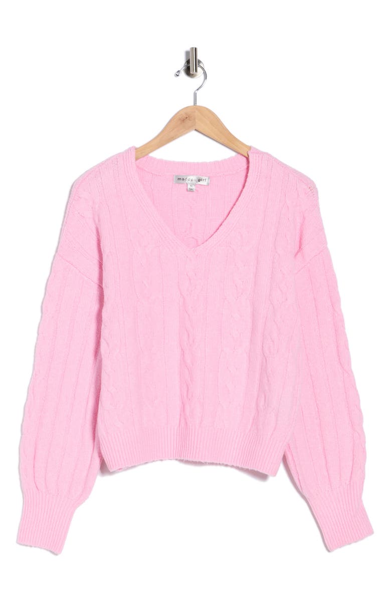 Madden Girl V-Neck Cable Knit Sweater, Main, color, Sweet Lilac