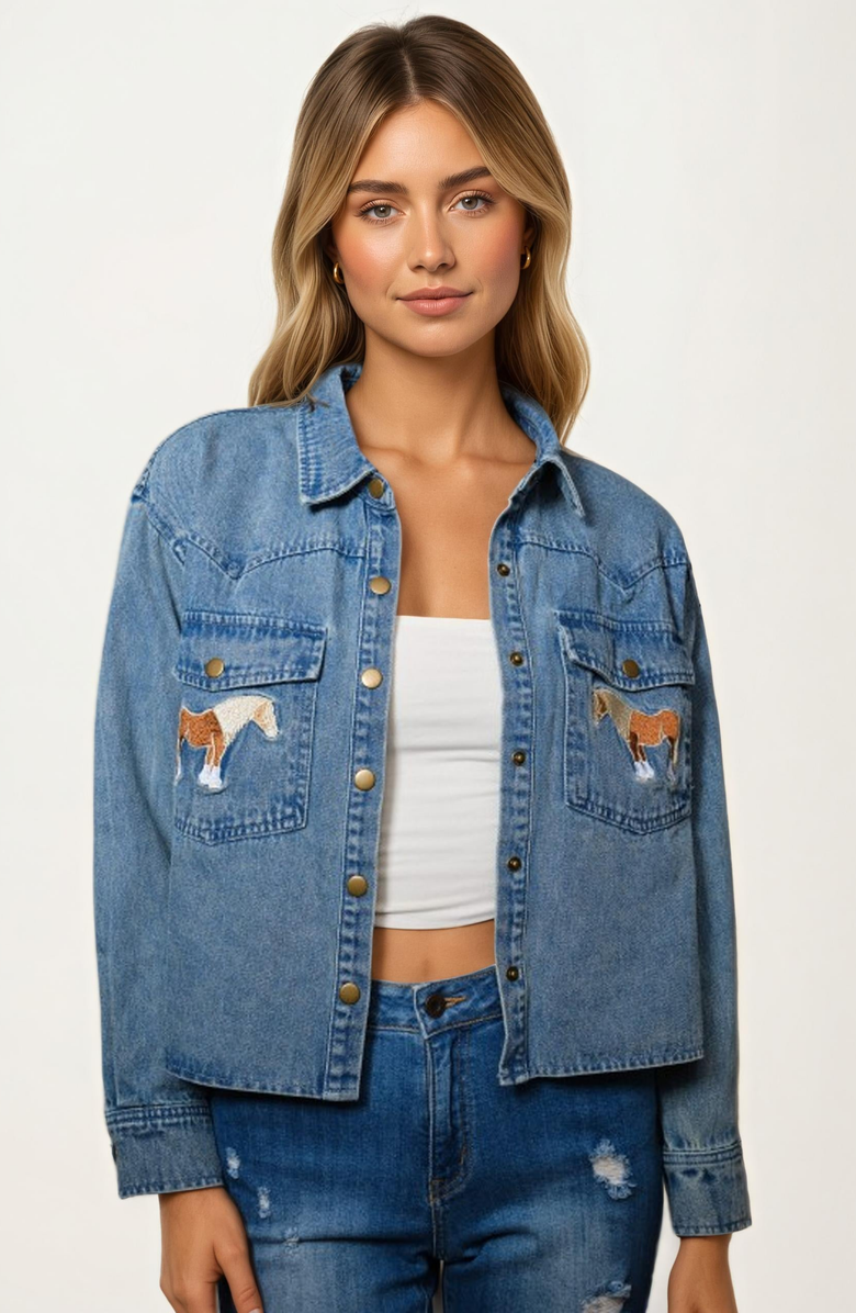 Knit and Lounge Embroidered Horse Pockets Denim Jacket, Alternate, color,