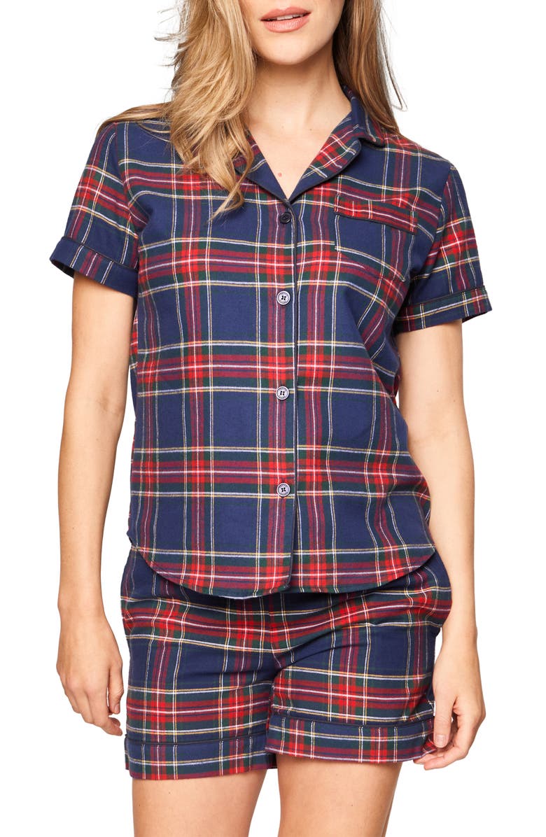 Petite Plume Windsor Tartan Cotton Short Pajamas, Main, color, Navy