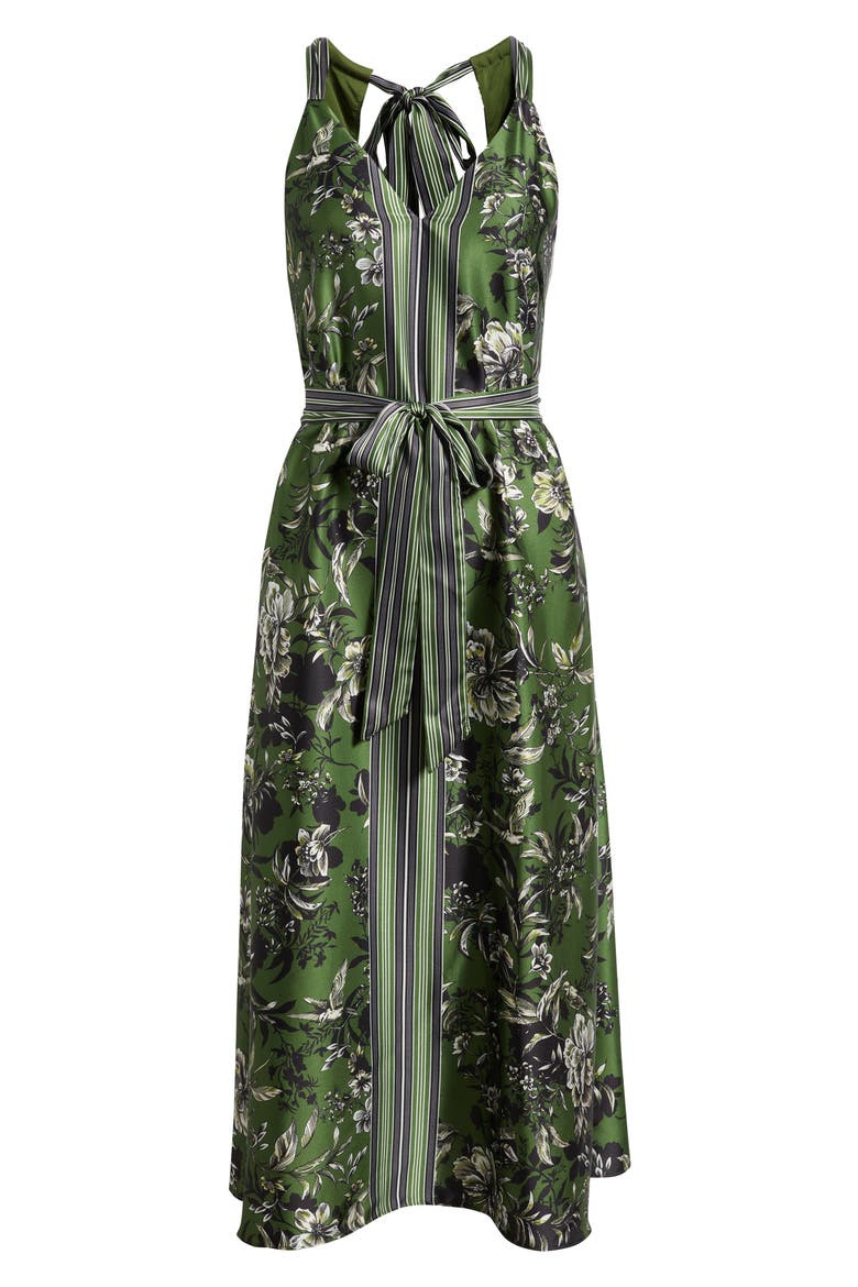 Floral Satin Halter Neck Midi Dress, Alternate, color, OLIVE