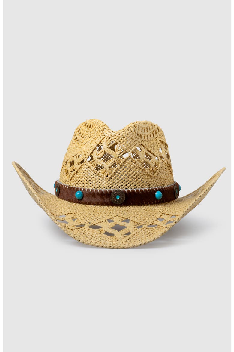 Twister Ranch  Handwoven Straw Sun Hat - Bohemian Summer Cowboy Hat, Alternate, color, Ochre / Turquoise