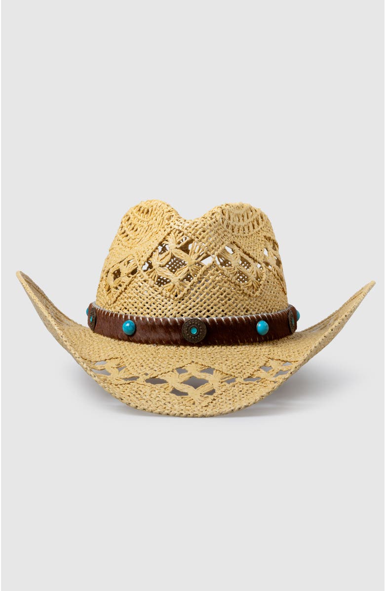 Manela Twister Ranch  Handwoven Straw Sun Hat - Bohemian Summer Cowboy Hat, Alternate, color, Ochre / Turquoise
