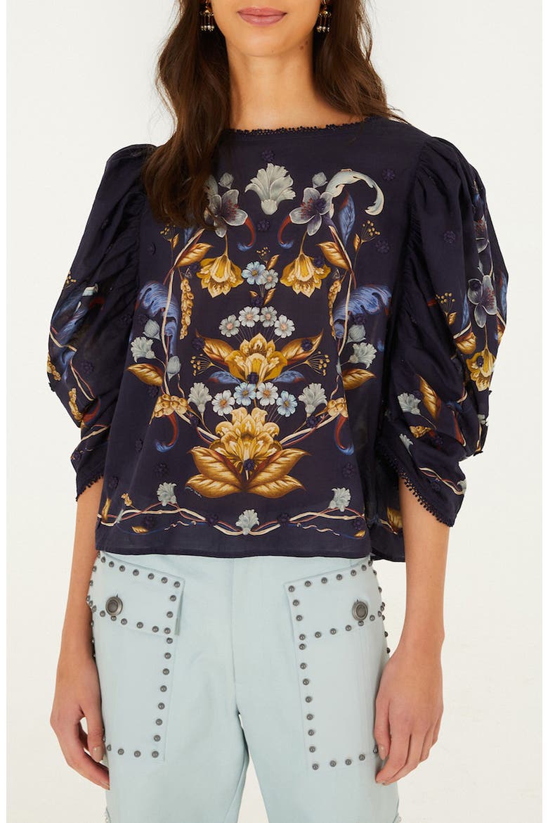 Golden Nature 3D Floral Picot Trim Top, Main, color, GOLDEN NATURE NAVY B
