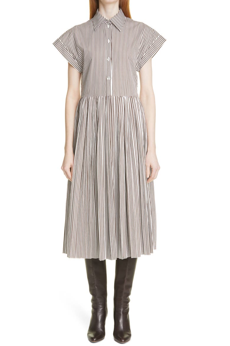 Stripe Pleated Poplin Shirtdress, Main, color, CHOCOLATE WHITE