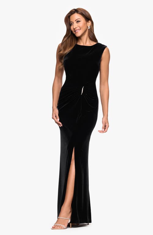 Xscape Evenings Ruched Sleeveless Stretch Velvet Gown In Black