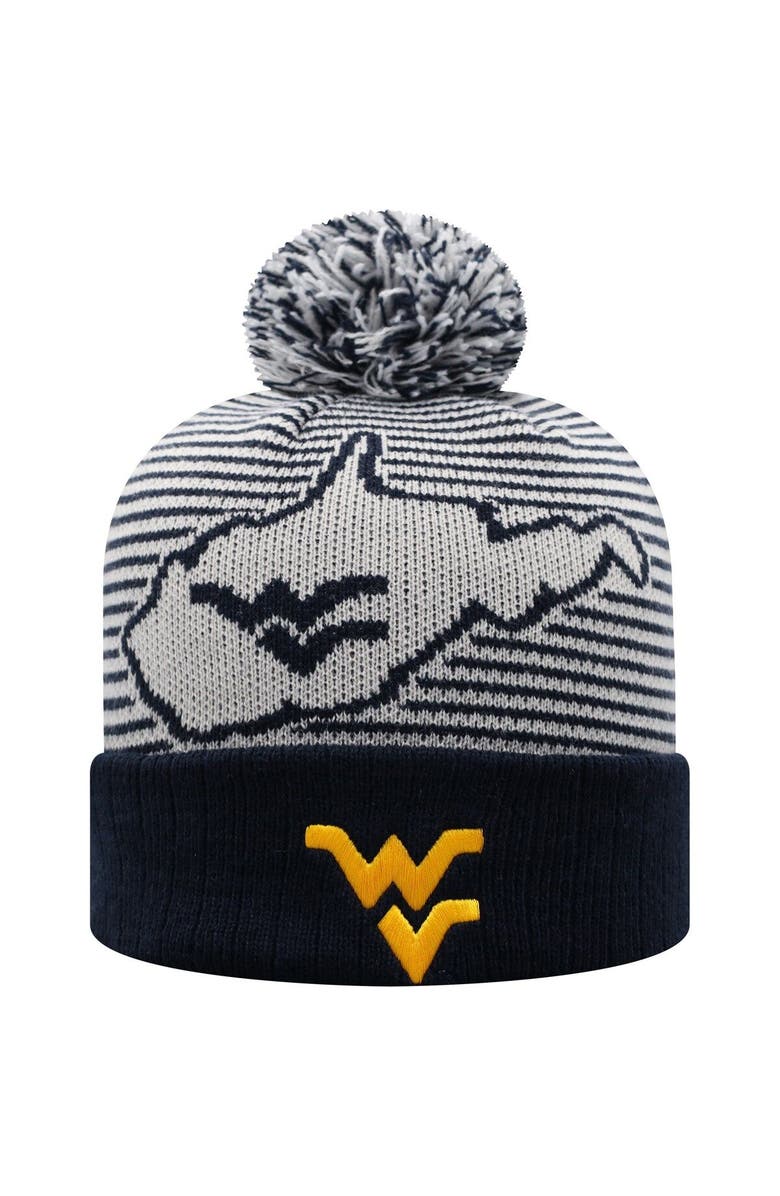 TOP OF THE WORLD Men's Top of the World Navy West Virginia Mountaineers Line Up Cuffed Knit Hat with Pom, Main, color, 