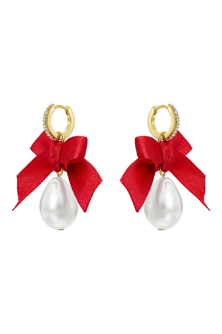 Riyya Ribbon Bow Faux Pearl Drop Earrings, Alternate, color, GOLD TONE/ PEARL / RUBY