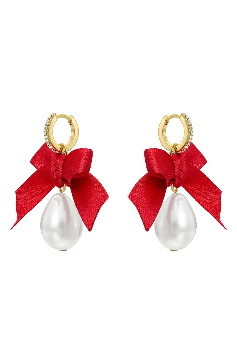Ted Baker Riyya Ribbon Bow Faux Pearl Drop Earrings, Alternate, color, Gold Tone/ Pearl / Ruby