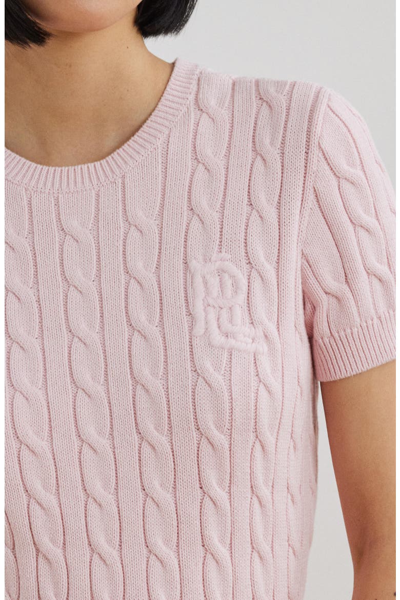 Cable Stitch Short Sleeve Cotton Sweater, Alternate, color, HINT OF PINK