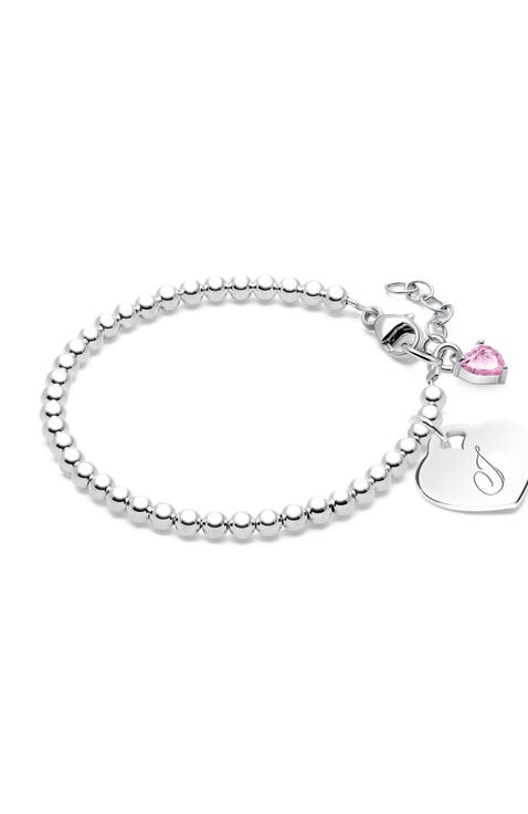 Sterling Silver 3mm Beads & Engraved Initial 5.25" Bracelet